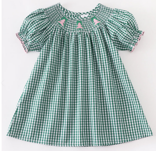 Green Plaid Smocked Dress