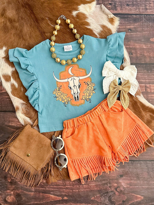 Longhorn Moon Orange Fringe Shorts Set